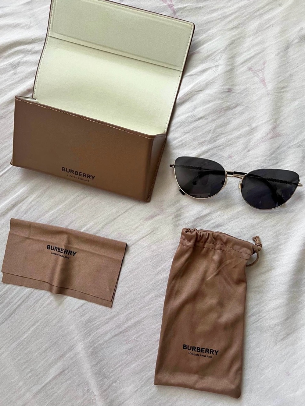 Burberry Women's Harper Gold Cat-Eye Sunglasses gray lenses with case and cloth